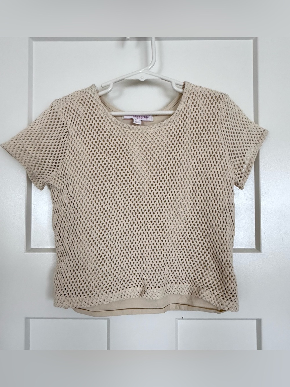 Honey & Sparkle Girls Size Medium Ivory Crochet Mesh Short Sleeve Top